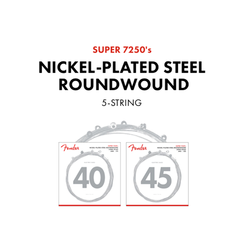 Fender 7250 Bass Strings, Nickel Plated Steel, Long Scale, 7250-5L .040-.115 Gauges, (5) - 1