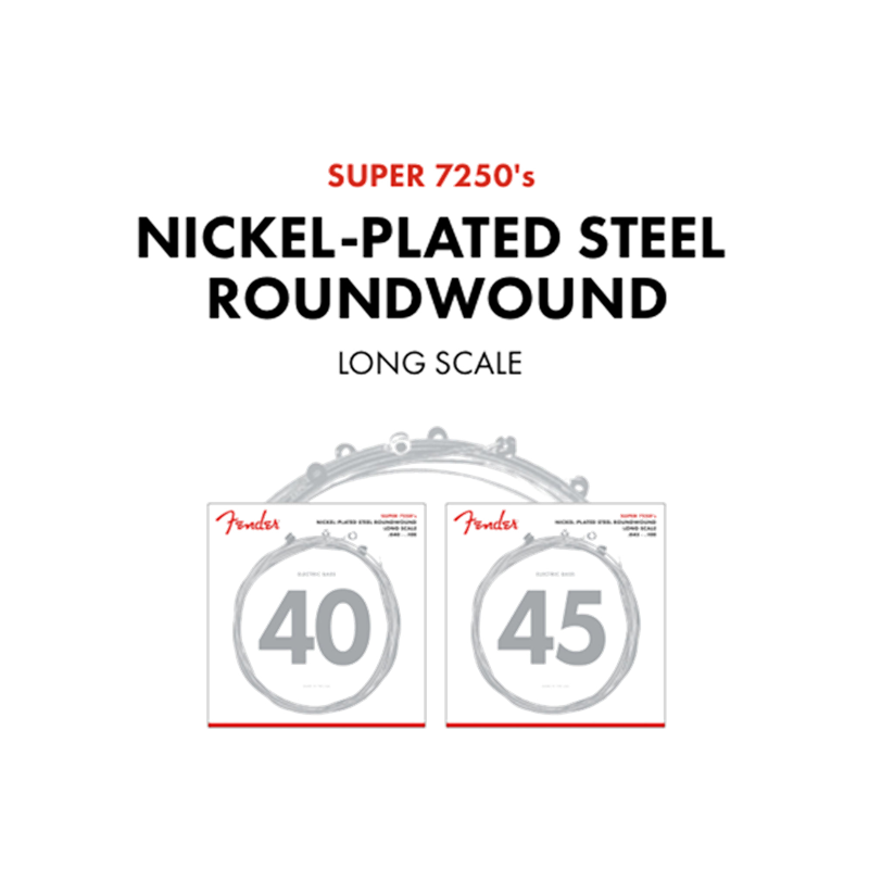 Fender 7250 Bass Strings, Nickel Plated Steel, Long Scale, 7250ML .045-.100 Gauges, (4) - 1