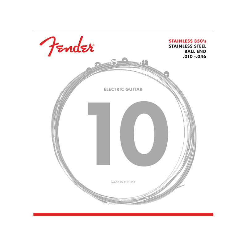 Fender Stainless 350's Guitar Strings, Stainless Steel, Ball End, 350R Gauges .010-.046, (6) - 1