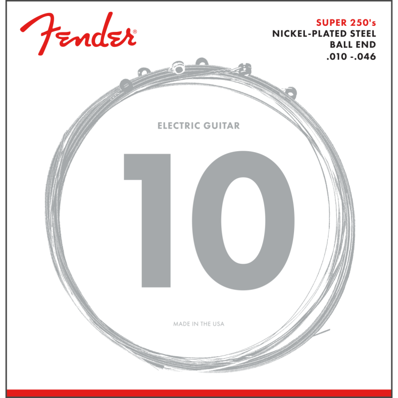Fender Super 250 Guitar Strings, Nickel Plated Steel, Ball End, 250R Gauges .010-.046, (6) - 1