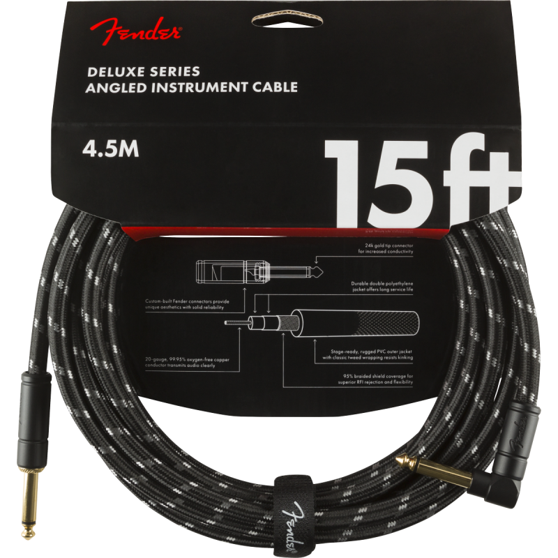 Fender Deluxe Series Instrument Cable, Straight/Angle, 15' Black Tweed - 4