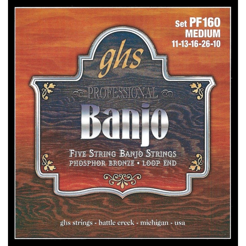 GHS Professional - PF160 - Banjo String Set, 5-String, Loop End, Phosphor Bronze, Medium, .010-.022 - 1