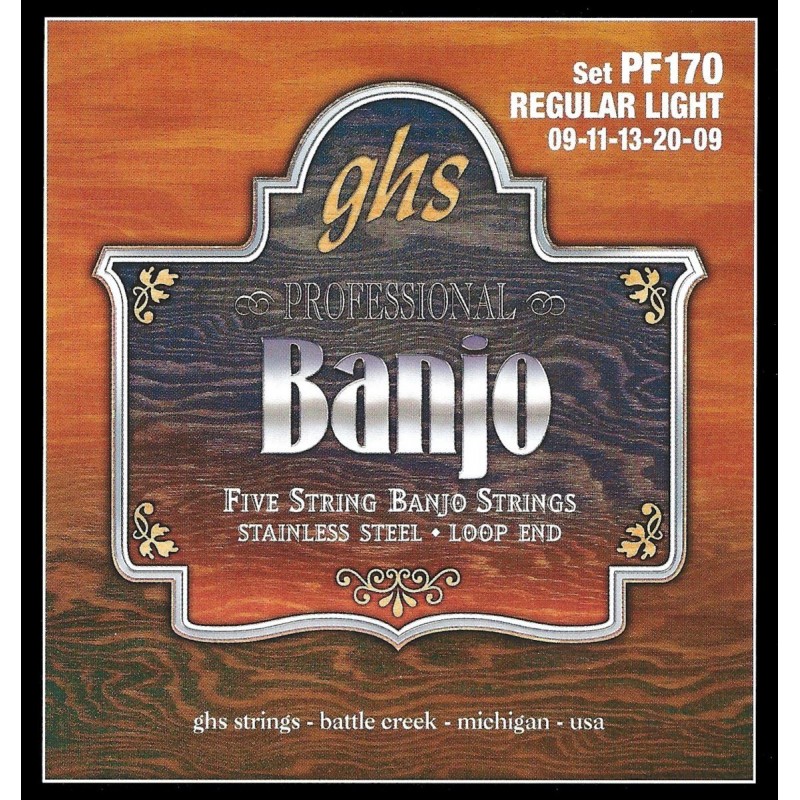 GHS Professional - PF170 - Banjo String Set, 5-String, Loop End, Stainless Steel, Regular Light, .009-.020 - 1