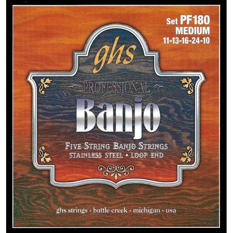 GHS Professional - PF180 - Banjo String Set, 5-String, Loop End, Stainless Steel, Medium, .011-.024 - 1