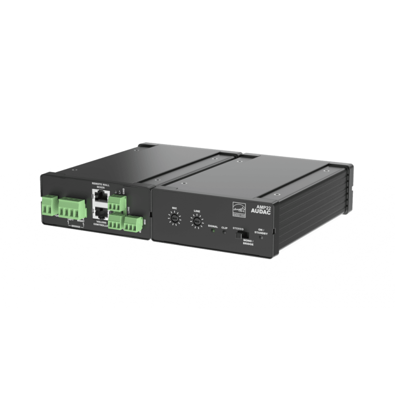 AUDAC AMP22 - mini wzmacniacz stereo 2 x 15W - zbalansowane wejście liniowe i mikrofonowe + WP2xx - 1