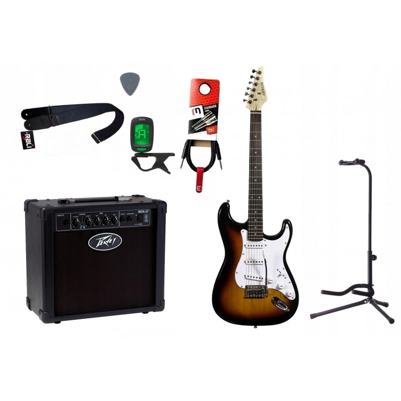 Gitara elektryczna Arrow ST 111 + wzmacniacz 12W + tuner + statyw w zestawie