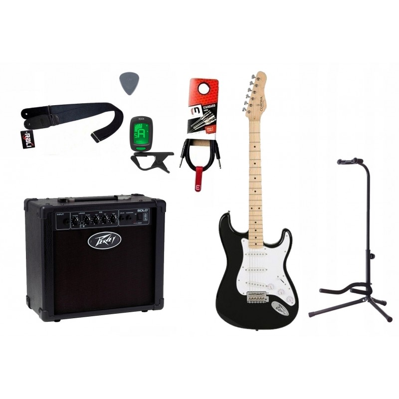 Gitara elektryczna Corona Classic ST M-BLK + wzmacniacz 12W + tuner + statyw w zestawie