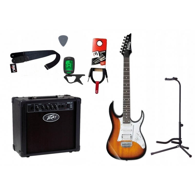 Gitara elektryczna Ibanez GRG140 SB + wzmacniacz 12W + tuner + statyw w zestawie