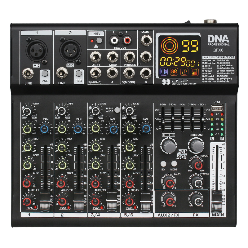 DNA QFX6 mikser analogowy dźwięku 6 kanałów BT USB MP3 Phantom +48V DSP - 1 - Miksery analogowe - DNA QFX6 profesjonalny, analog