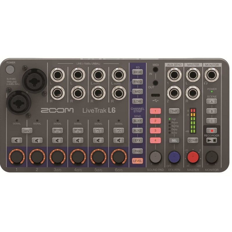 Zoom LiveTrak L-6 - mikser cyfrowy - 1 - Miksery cyfrowe - 10-kanałowy ultrakompaktowy mikser cyfrowy; 2 x XLR/TRS combo + 4 wej