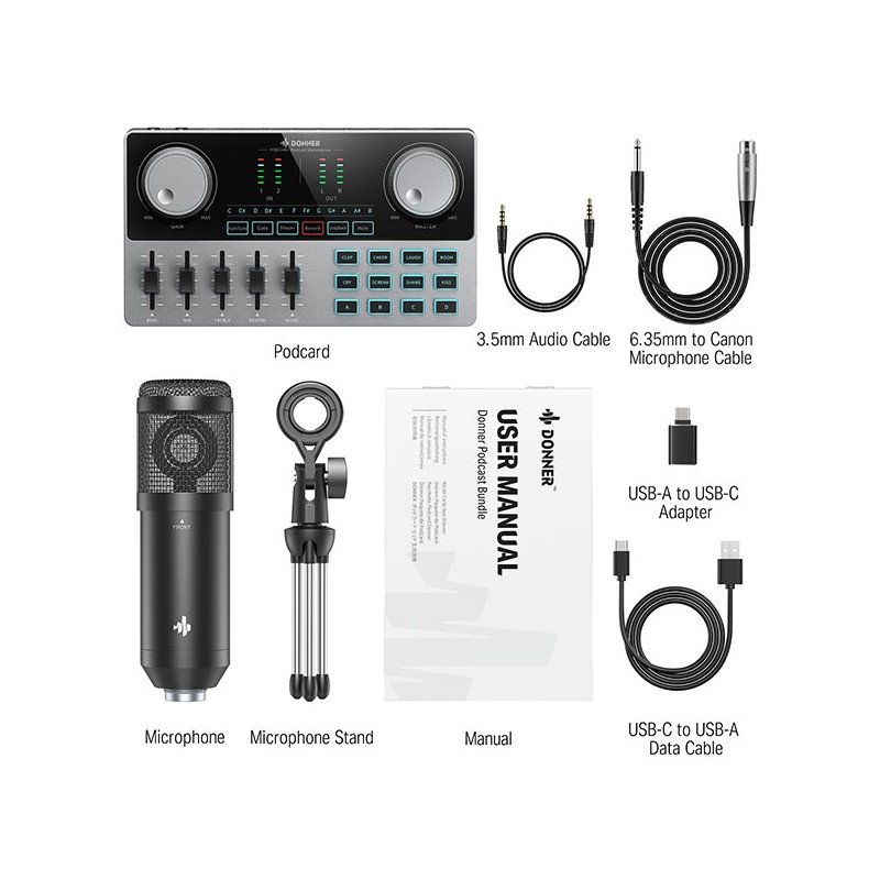 DONNER PODCAST BUNDLE - Zestaw podcast z mikrofonem - 1 - Mikrofony studyjne - Zestaw do podcastu, mikser audio (Podcard), mikro