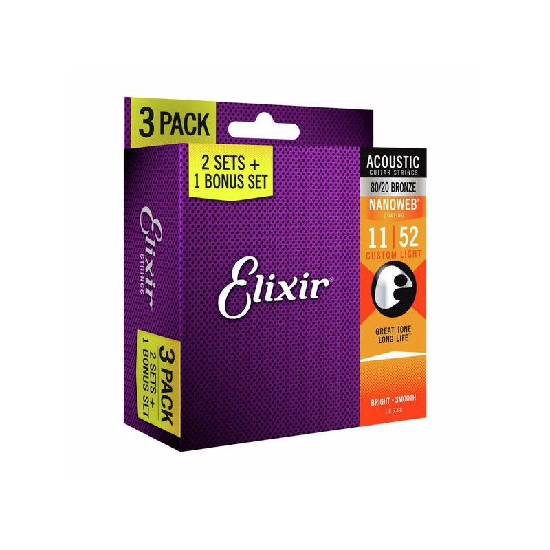Elixir Nanoweb Custom Light Acou - 3P - zestaw strun do gitary akustycznej 3-Pack - 1 - Struny gitarowe - 