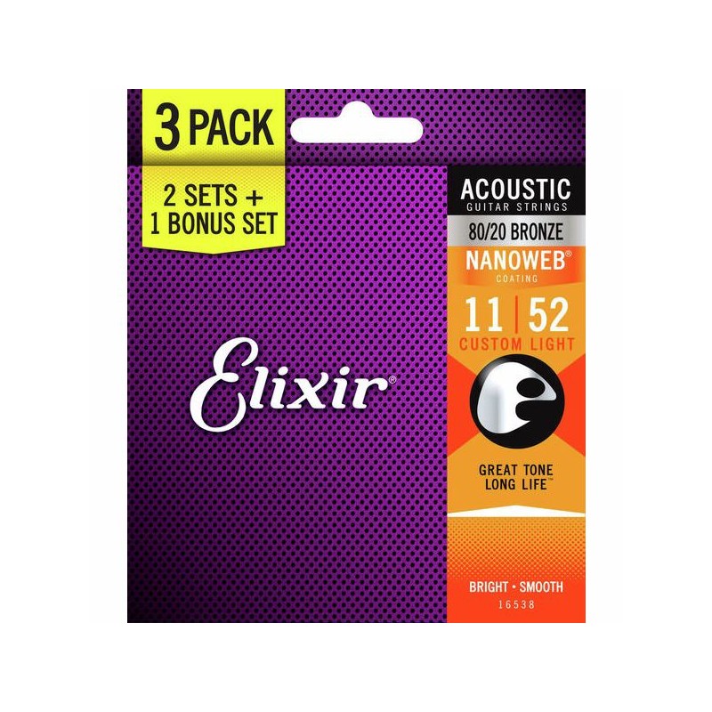 Elixir Nanoweb Custom Light Acou - 3P - zestaw strun do gitary akustycznej 3-Pack - 2 - Struny gitarowe - 