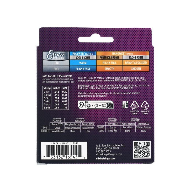 Elixir Nanoweb Light Phosphor Bronze 3P - zestaw strun do gitary akustycznej - 2 - Struny gitarowe - Zestaw strun do akustyka El