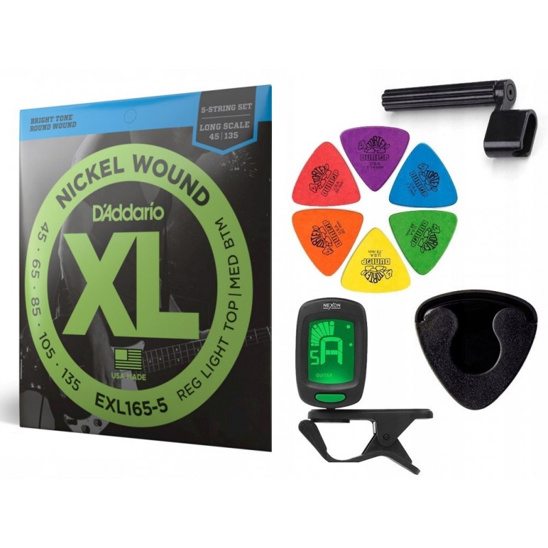 Struny D'Addario EXL165-5 do gitary basowej w zestawie korbka + tuner + 6 kostek + pojemnik