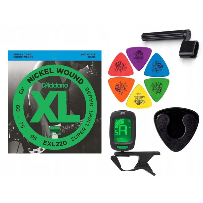 Struny D'Addario EXL220 do gitary basowej w zestawie korbka + tuner + 6 kostek + pojemnik