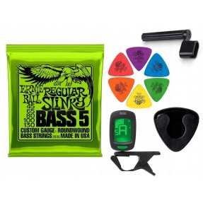 Struny Ernie Ball 2836 do gitary basowej w zestawie korbka + tuner + 6 kostek + pojemnik