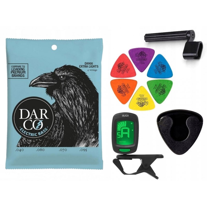 Struny Martin D9900 do gitary basowej w zestawie korbka + tuner + 6 kostek + pojemnik