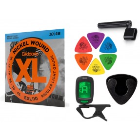 Struny D'Addario EXL110 do gitary elektrycznej w zestawie korbka + tuner + 6 kostek + pojemnik