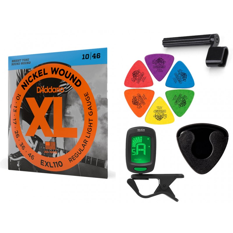 Struny D'Addario EXL110 do gitary elektrycznej w zestawie korbka + tuner + 6 kostek + pojemnik