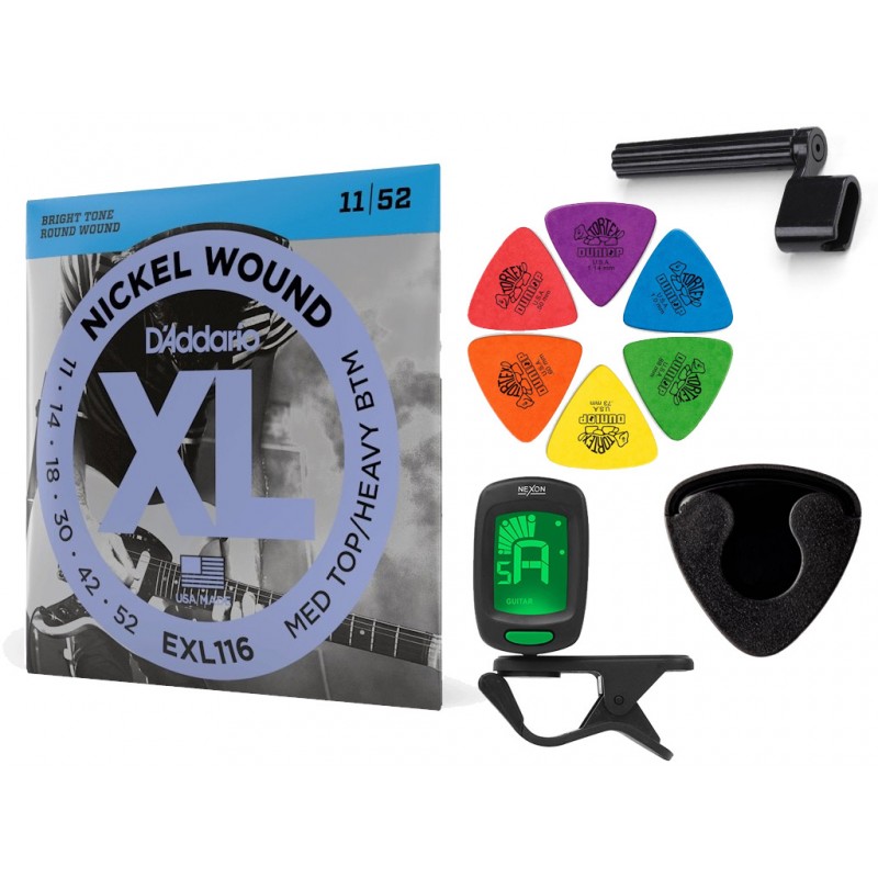 Struny D'Addario EXL116 do gitary elektrycznej w zestawie korbka + tuner + 6 kostek + pojemnik