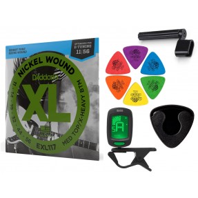 Struny D'Addario EXL117 do gitary elektrycznej w zestawie korbka + tuner + 6 kostek + pojemnik