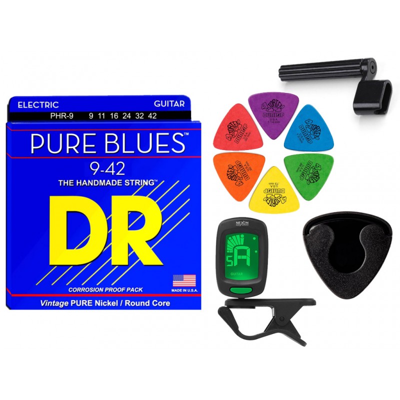 Struny DR PHR-9-42 do gitary elektrycznej w zestawie korbka + tuner + 6 kostek + pojemnik