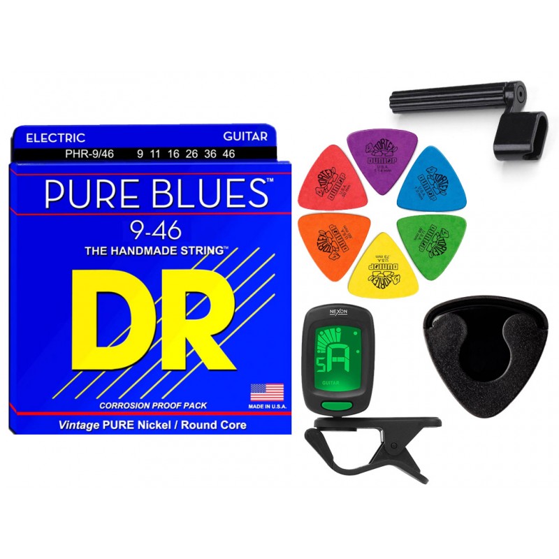 Struny DR PHR-9-46 do gitary elektrycznej w zestawie korbka + tuner + 6 kostek + pojemnik