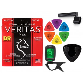 Struny DR VTE 09-46 do gitary elektrycznej w zestawie korbka + tuner + 6 kostek + pojemnik