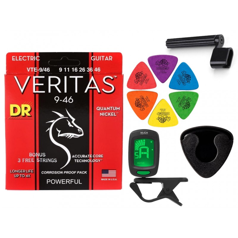 Struny DR VTE 09-46 do gitary elektrycznej w zestawie korbka + tuner + 6 kostek + pojemnik