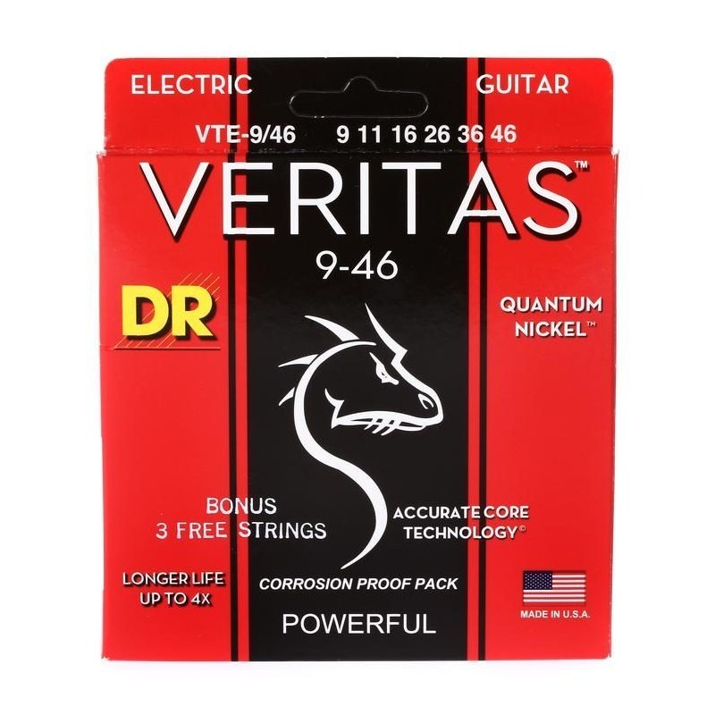Struny DR VTE 09-46 do gitary elektrycznej w zestawie korbka + tuner + 6 kostek + pojemnik