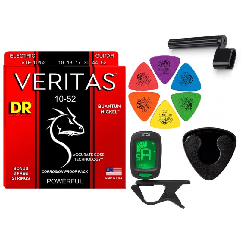 Struny DR VTE 10-52 do gitary elektrycznej w zestawie korbka + tuner + 6 kostek + pojemnik