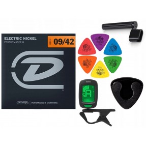 Struny Dunlop do gitary elektrycznej w zestawie korbka + tuner + 6 kostek + pojemnik