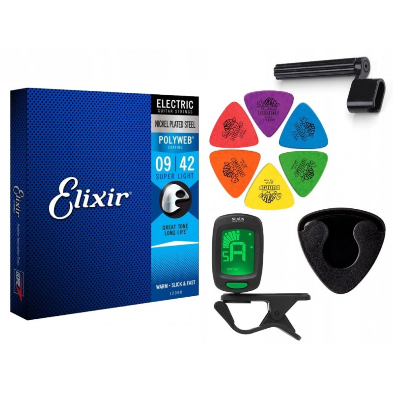 Struny Elixir 12000 do gitary elektrycznej w zestawie korbka + tuner + 6 kostek + pojemnik