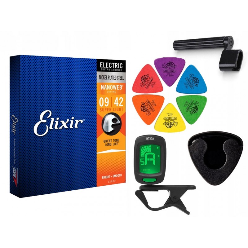 Struny Elixir 12002 do gitary elektrycznej w zestawie korbka + tuner + 6 kostek + pojemnik