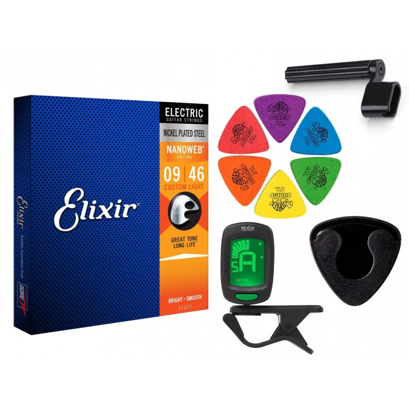 Struny Elixir 12027 do gitary elektrycznej w zestawie korbka + tuner + 6 kostek + pojemnik