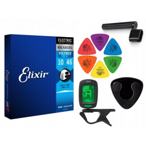 Struny Elixir 12050 do gitary elektrycznej w zestawie korbka + tuner + 6 kostek + pojemnik