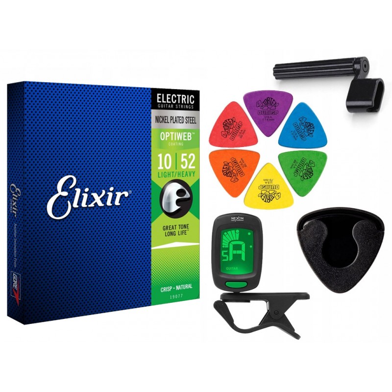 Struny Elixir 19077 do gitary elektrycznej w zestawie korbka + tuner + 6 kostek + pojemnik