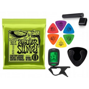 Struny Ernie Ball 2221 do gitary elektrycznej w zestawie korbka + tuner + 6 kostek + pojemnik