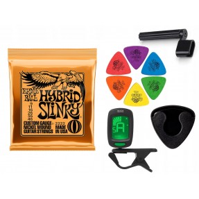 Struny Ernie Ball 2222 do gitary elektrycznej w zestawie korbka + tuner + 6 kostek + pojemnik