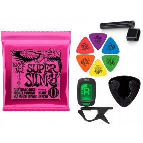 Struny Ernie Ball 2223 do gitary elektrycznej w zestawie korbka + tuner + 6 kostek + pojemnik
