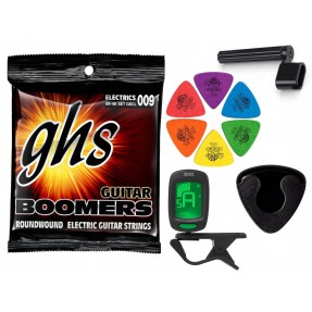 Struny GHS GBCL do gitary elektrycznej w zestawie korbka + tuner + 6 kostek + pojemnik
