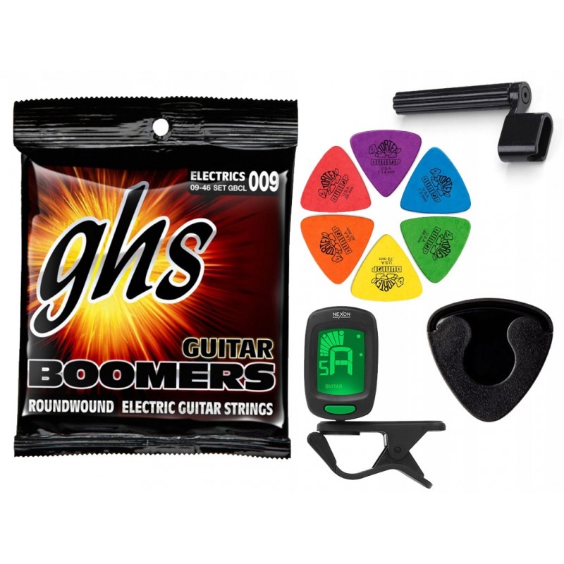 Struny GHS GBCL do gitary elektrycznej w zestawie korbka + tuner + 6 kostek + pojemnik