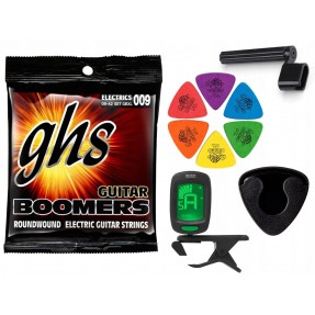 Struny GHS GBXL do gitary elektrycznej w zestawie korbka + tuner + 6 kostek + pojemnik