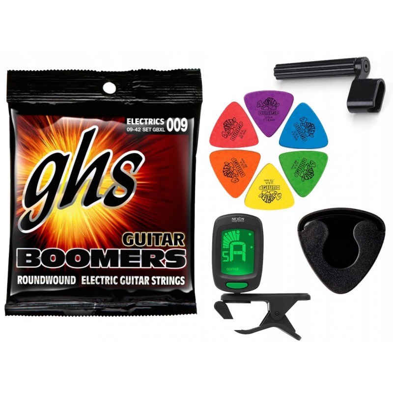 Struny GHS GBXL do gitary elektrycznej w zestawie korbka + tuner + 6 kostek + pojemnik