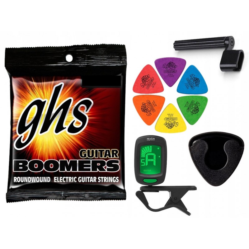 Struny GHS GBZW do gitary elektrycznej w zestawie korbka + tuner + 6 kostek + pojemnik