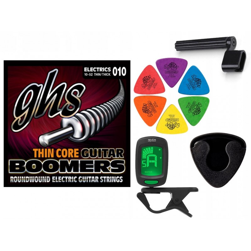 Struny GHS TC-GBTNT do gitary elektrycznej w zestawie korbka + tuner + 6 kostek + pojemnik
