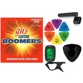 Struny GHS T-GBXL do gitary elektrycznej w zestawie korbka + tuner + 6 kostek + pojemnik