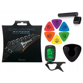 Struny Ibanez IEGS6 do gitary elektrycznej w zestawie korbka + tuner + 6 kostek + pojemnik