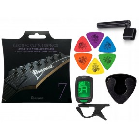 Struny Ibanez IEGS71 do gitary elektrycznej w zestawie korbka + tuner + 6 kostek + pojemnik